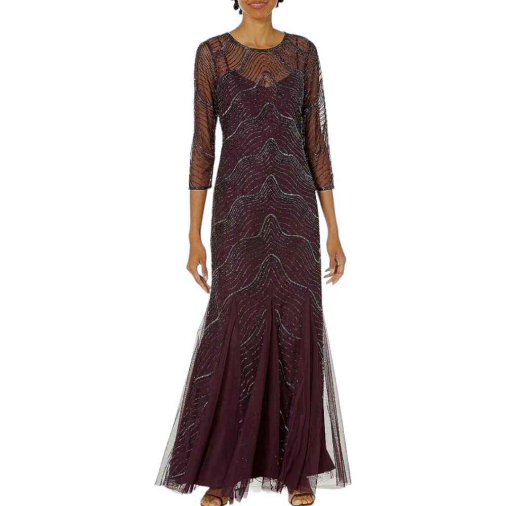 NWT Adrianna Papell Women's Beautiful Deco Beaded Godet Dress Elbow Sleeves
